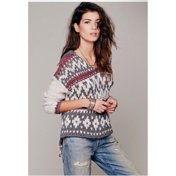 NWT Free People Chunky Knit Fair Isle Hooded Sweater - Picture 2 of 12